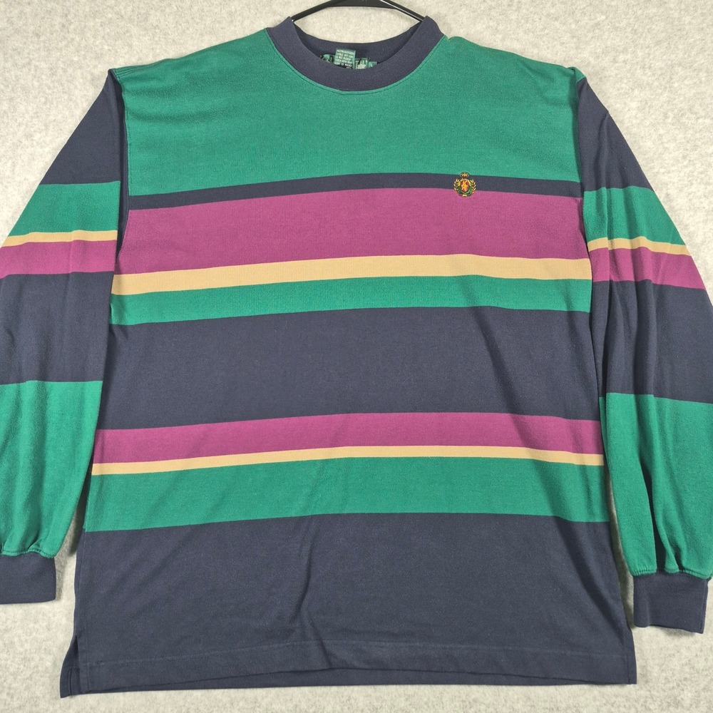 Knights of Round Table Shirt Mens L Multicolor Striped Long Sleeve Crest Logo